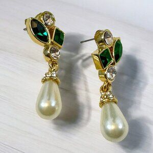 Statement Pierced Earrings Gold Tone, Green color stones, Tear Drop Faux Pearl